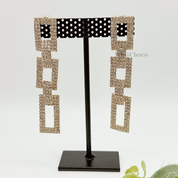 Gold Tone Rhinestone Rectangle Chain Link Earrings - Picture 6 of 10